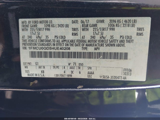 Aukcja sprzedaży 2017 Ford Escape Se, vin: 1FMCU0GD5HUE40208, numer aukcji: 45198149