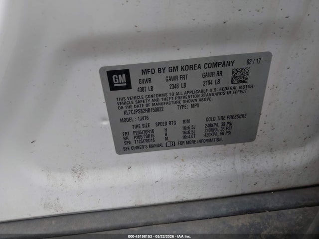 45198153 :رقم المزاد ، KL7CJPSB2HB150822 vin ، 2017 Chevrolet Trax Lt مزاد بيع