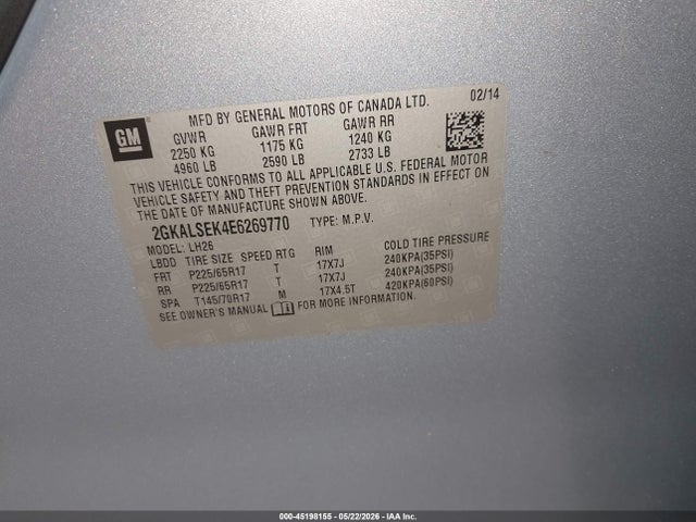 Aukcja sprzedaży 2014 Gmc Terrain Slt-1, vin: 2GKALSEK4E6269770, numer aukcji: 45198155
