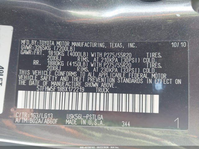45198163 :رقم المزاد ، 5TFHW5F18BX172219 vin ، 2011 Toyota Tundra Limited 5.7l V8 مزاد بيع