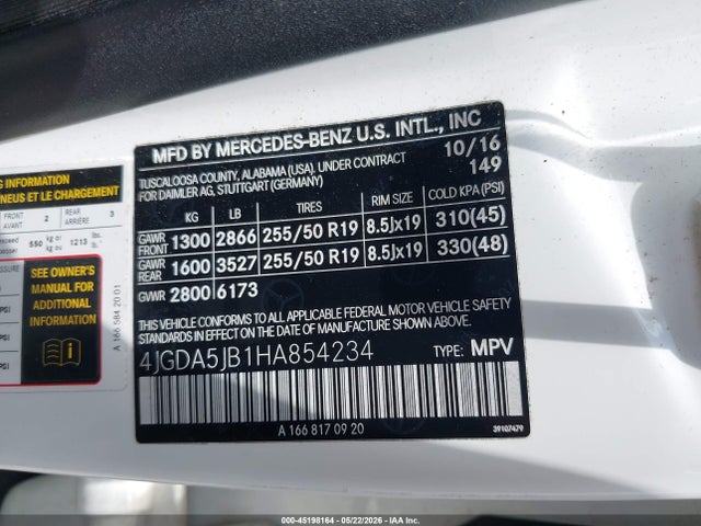 Aukcja sprzedaży 2017 Mercedes-benz Gle 350, vin: 4JGDA5JB1HA854234, numer aukcji: 45198164