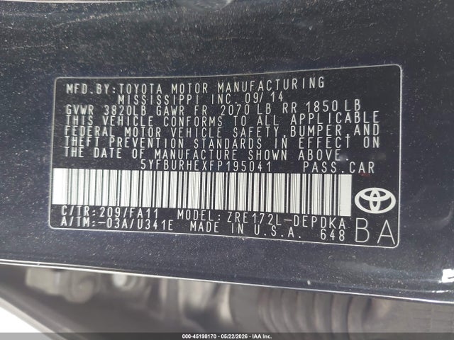 5YFBURHEXFP195041 Toyota COROLLA L