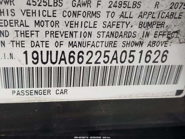 45198174 :رقم المزاد ، 19UUA66225A051626 vin ، 2005 Acura Tl مزاد بيع
