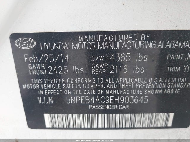 45198186 :رقم المزاد ، 5NPEB4AC9EH903645 vin ، 2014 Hyundai Sonata Gls مزاد بيع