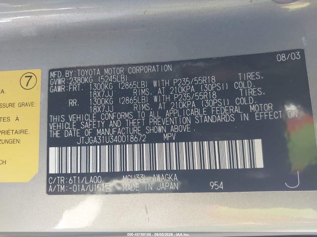 Aukcja sprzedaży 2004 Lexus Rx 330, vin: JTJGA31U340018672, numer aukcji: 45198198