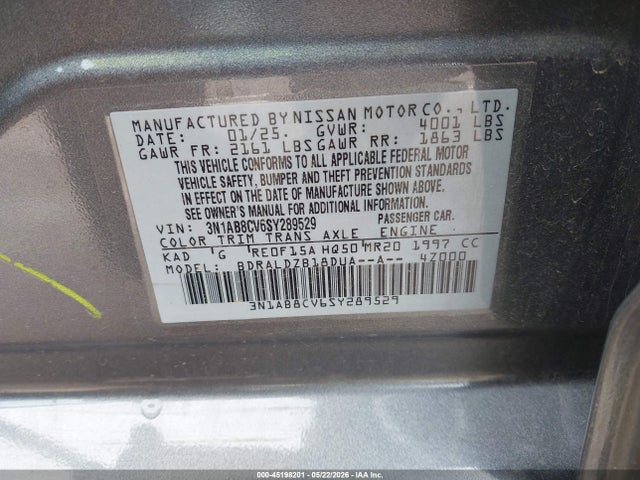 Продажа на аукционе авто 2025 Nissan Sentra Sv, vin: 3N1AB8CV6SY289529, номер лота: 45198201
