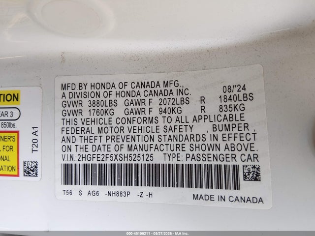 2HGFE2F5XSH525125 Honda Civic Sport