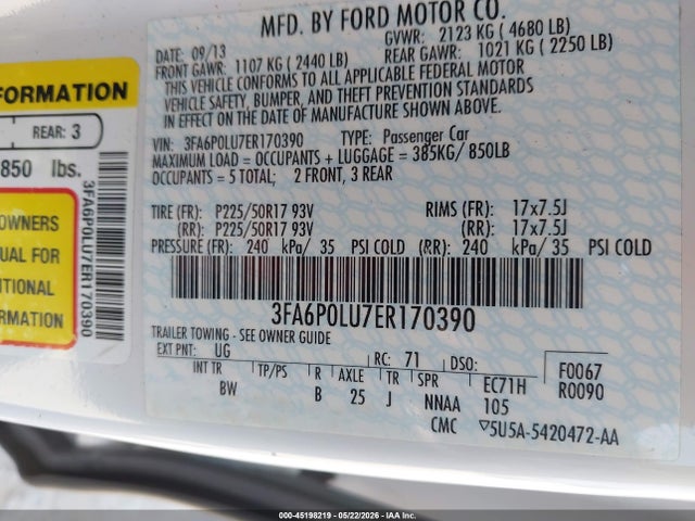 Продаж на аукціоні авто 2014 Ford Fusion Hybrid Se, vin: 3FA6P0LU7ER170390, номер лоту: 45198219