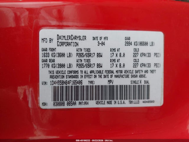 Продаж на аукціоні авто 2004 Dodge Durango Limited, vin: 1D4HB58N64F165406, номер лоту: 45198222