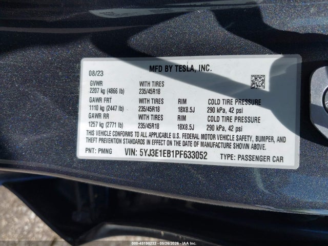 Продажа на аукционе авто 2023 Tesla Model 3 Long Range Dual Motor All-wheel Drive, vin: 5YJ3E1EB1PF633052, номер лота: 45198232