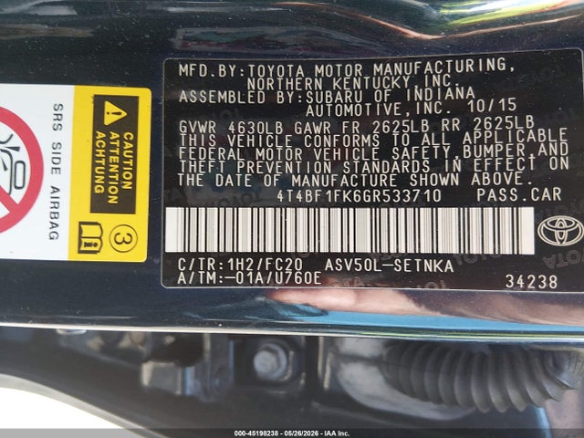 Aukcja sprzedaży 2016 Toyota Camry Le, vin: 4T4BF1FK6GR533710, numer aukcji: 45198238