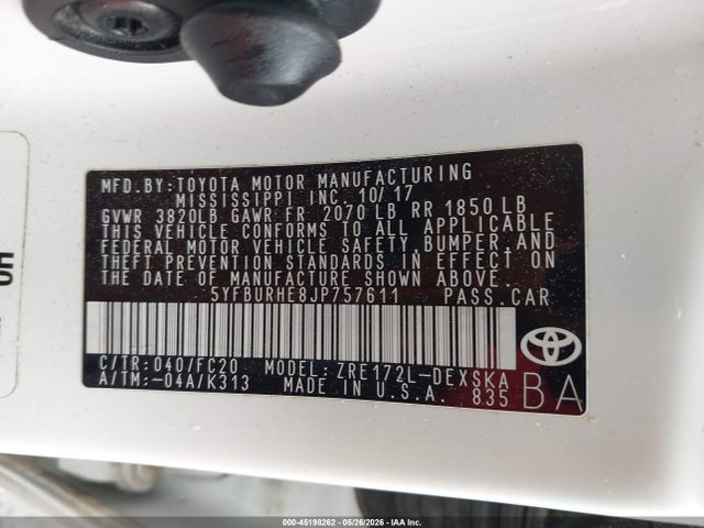 2018 Toyota Corolla L/le/xle/se/xse მანქანა იყიდება აუქციონზე, vin: 5YFBURHE8JP757611, აუქციონის ნომერი: 45198262