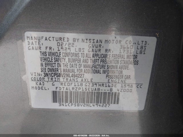 3N1CP5BV2NL494227 Nissan Kicks S Xtronic Cvt