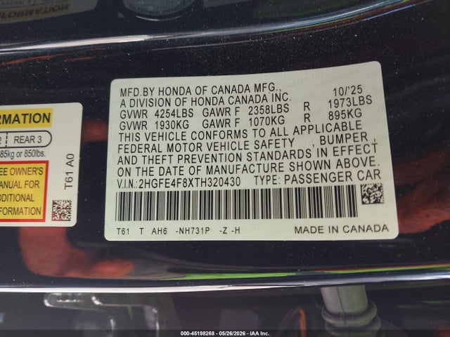 2HGFE4F8XTH320430 Honda Civic Hybrid Sport/sport Touring
