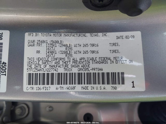 Продажа на аукционе авто 2020 Toyota Tacoma Trd Off-road, vin: 5TFCZ5AN7LX227742, номер лота: 45198275