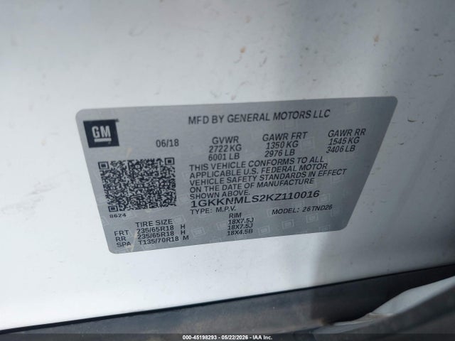 Продаж на аукціоні авто 2019 Gmc Acadia Slt-1, vin: 1GKKNMLS2KZ110016, номер лоту: 45198293