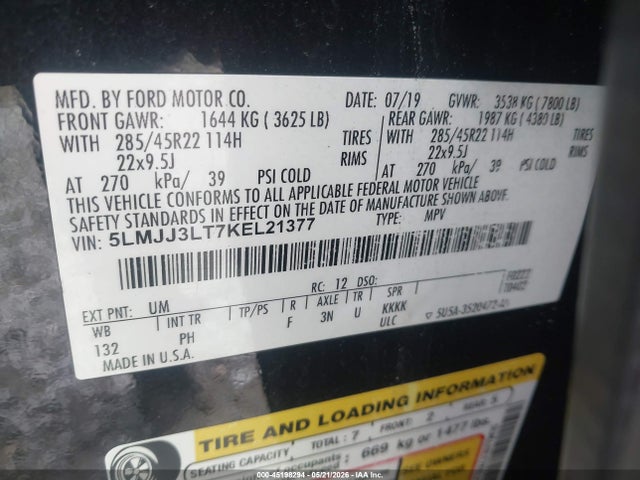 Auction sale of the 2019 Lincoln Navigator L Reserve, vin: 5LMJJ3LT7KEL21377, lot number: 45198294