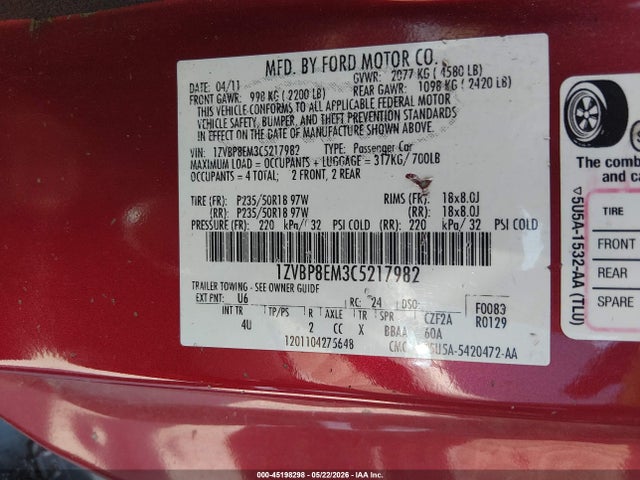 45198298 :رقم المزاد ، 1ZVBP8EM3C5217982 vin ، 2012 Ford Mustang V6 Premium مزاد بيع