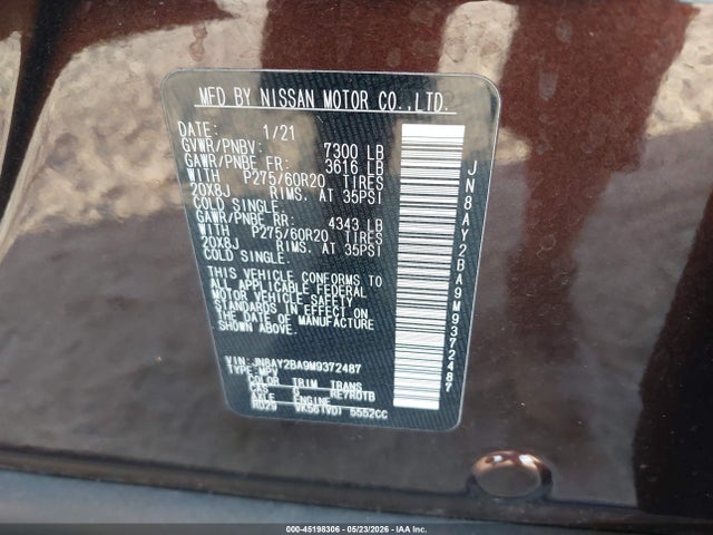 Aukcja sprzedaży 2021 Nissan Armada Sl 2wd, vin: JN8AY2BA9M9372487, numer aukcji: 45198306