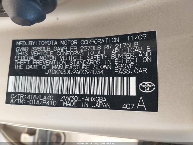 45198315 :رقم المزاد ، JTDKN3DU9A0094034 vin ، 2010 Toyota Prius Iv مزاد بيع