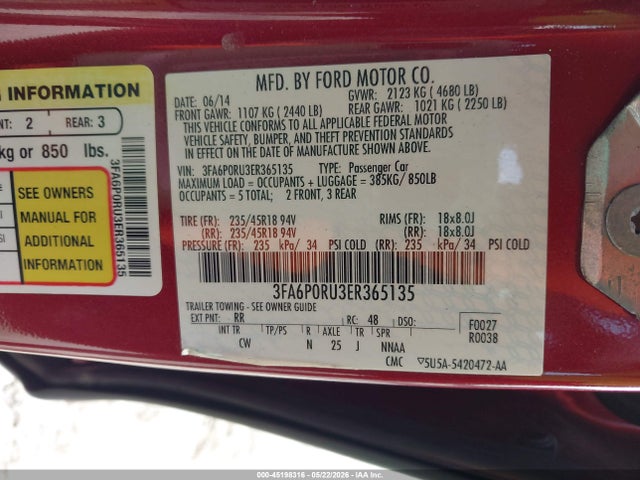 2014 Ford Fusion Hybrid Titanium მანქანა იყიდება აუქციონზე, vin: 3FA6P0RU3ER365135, აუქციონის ნომერი: 45198316