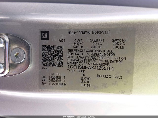 Aukcja sprzedaży 2018 Chevrolet Colorado Wt, vin: 1GCHSBEAXJ1255101, numer aukcji: 45198317