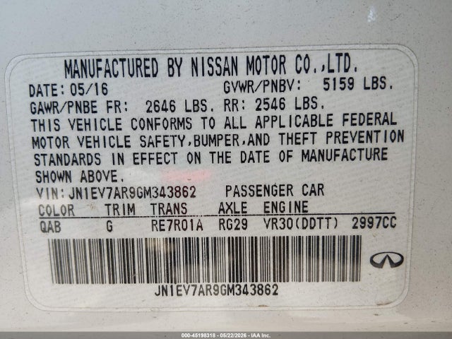 45198318 :رقم المزاد ، JN1EV7AR9GM343862 vin ، 2016 Infiniti Q50 3.0t Sport مزاد بيع