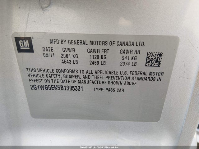 45198319 :رقم المزاد ، 2G1WG5EK5B1305331 vin ، 2011 Chevrolet Impala Lt مزاد بيع