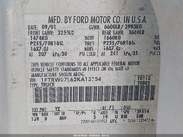 Aukcja sprzedaży 2002 Ford F-150 Lariat/xlt, vin: 1FTRW07L62KA13154, numer aukcji: 45198324