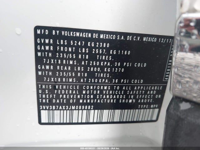 3VV3B7AX3JM089882 Volkswagen Tiguan 2.0t Se/2.0t Sel