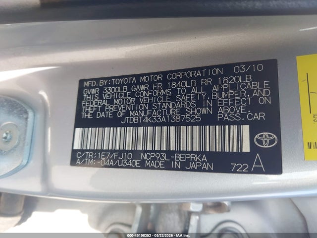 Aukcja sprzedaży 2010 Toyota Yaris, vin: JTDBT4K33A1387525, numer aukcji: 45198352