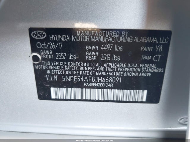 2018 Hyundai Sonata Sport მანქანა იყიდება აუქციონზე, vin: 5NPE34AF8JH668091, აუქციონის ნომერი: 45198375