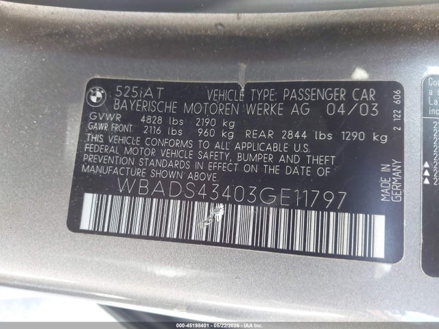 45198401 :رقم المزاد ، WBADS43403GE11797 vin ، 2003 Bmw 525ita مزاد بيع