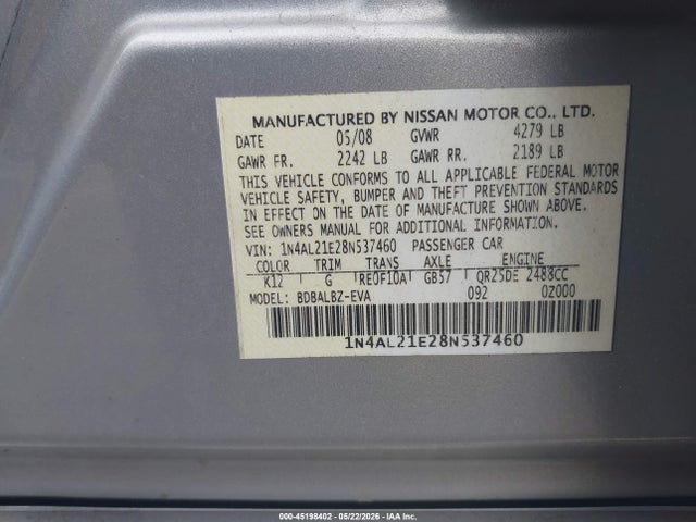 Продажа на аукционе авто 2008 Nissan Altima 2.5 S, vin: 1N4AL21E28N537460, номер лота: 45198402