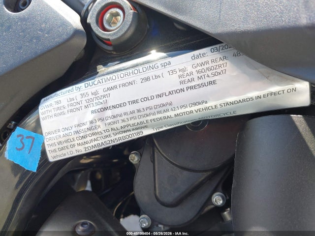 Продаж на аукціоні авто 2024 Ducati Hypermotard, vin: ZDMBAS2N5RB001189, номер лоту: 45198404