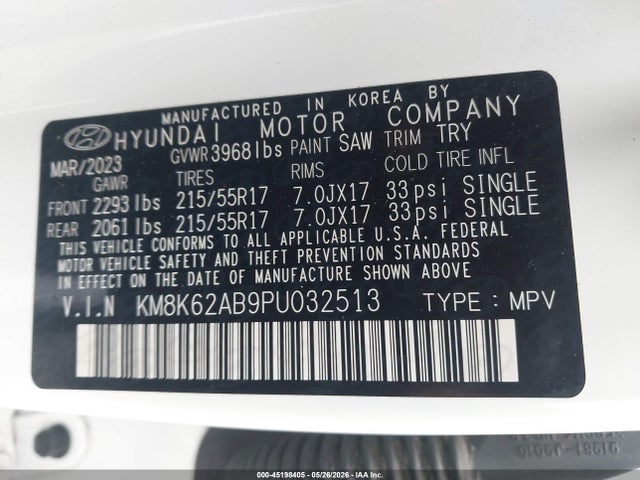 Aukcja sprzedaży 2023 Hyundai Kona Sel, vin: KM8K62AB9PU032513, numer aukcji: 45198405