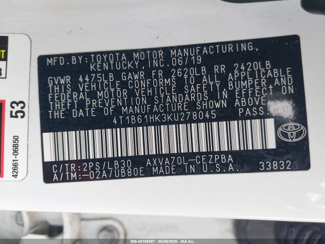 4T1B61HK3KU278045 Toyota CAMRY XSE