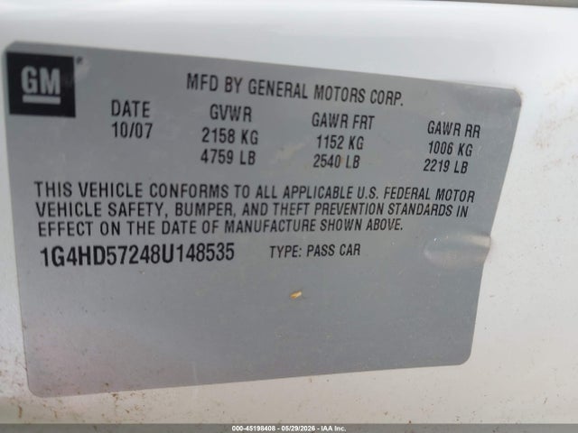 Aukcja sprzedaży 2008 Buick Lucerne Cxl, vin: 1G4HD57248U148535, numer aukcji: 45198408