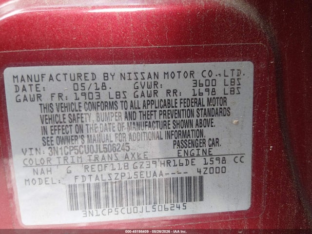 Aukcja sprzedaży 2018 Nissan Kicks Sv, vin: 3N1CP5CU0JL506245, numer aukcji: 45198409
