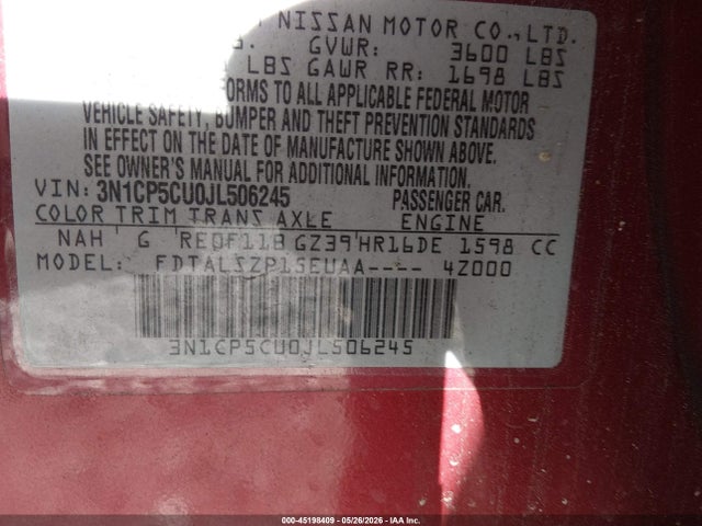 Aukcja sprzedaży 2018 Nissan Kicks Sv, vin: 3N1CP5CU0JL506245, numer aukcji: 45198409