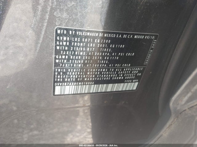 45198418 :رقم المزاد ، 3VV2B7AX8KM016004 vin ، 2019 Volkswagen Tiguan 2.0t Se/2.0t Sel/2.0t Sel R-line/2.0t Sel R-line Black مزاد بيع