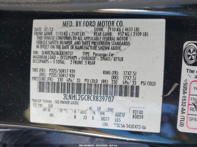 45198432 :رقم المزاد ، 3LNHL2GC8CR839707 vin ، 2012 Lincoln Mkz مزاد بيع