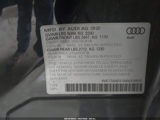 Aukcja sprzedaży 2021 Audi A4 Allroad Premium 45 Tfsi Quattro S Tronic, vin: WA17AAF41MA009845, numer aukcji: 45198433