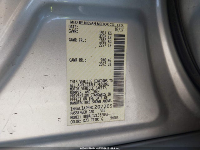 1N4AL3AP9HC207205 Nissan Altima 2.5 Sv