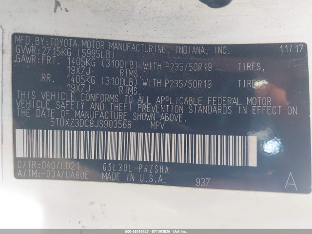 5TDXZ3DC8JS903568 Toyota Sienna Se 8 Passenger