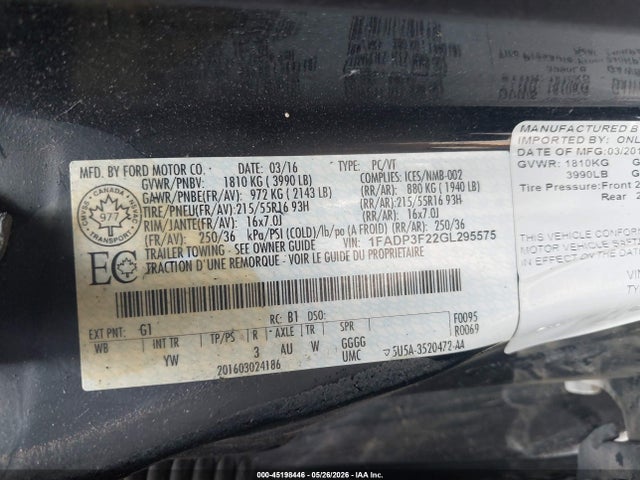 Aukcja sprzedaży 2016 Ford Focus Se, vin: 1FADP3F22GL295575, numer aukcji: 45198446