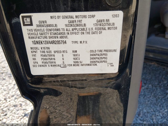 Продаж на аукціоні авто 2004 Chevrolet Tahoe Ls, vin: 1GNEK13V44R205794, номер лоту: 45198470