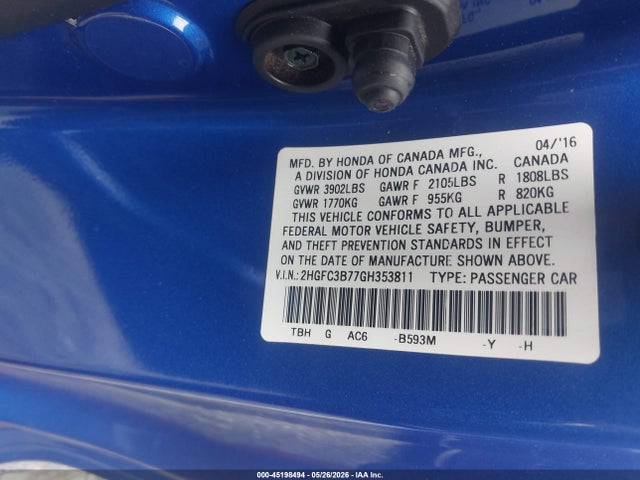 Продаж на аукціоні авто 2016 Honda Civic Ex-l, vin: 2HGFC3B77GH353811, номер лоту: 45198494