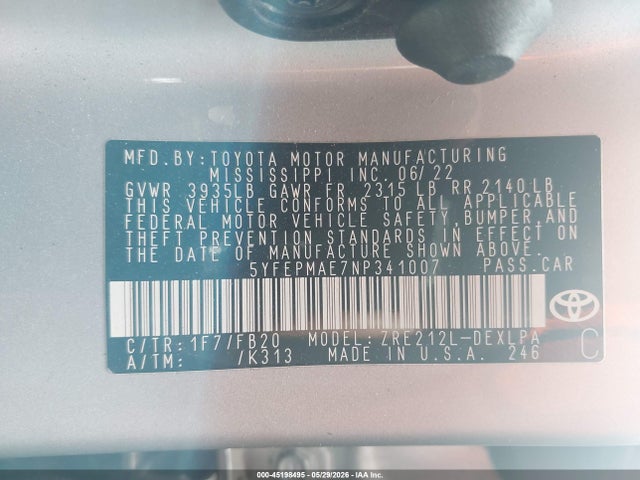 5YFEPMAE7NP341007 Toyota COROLLA LE