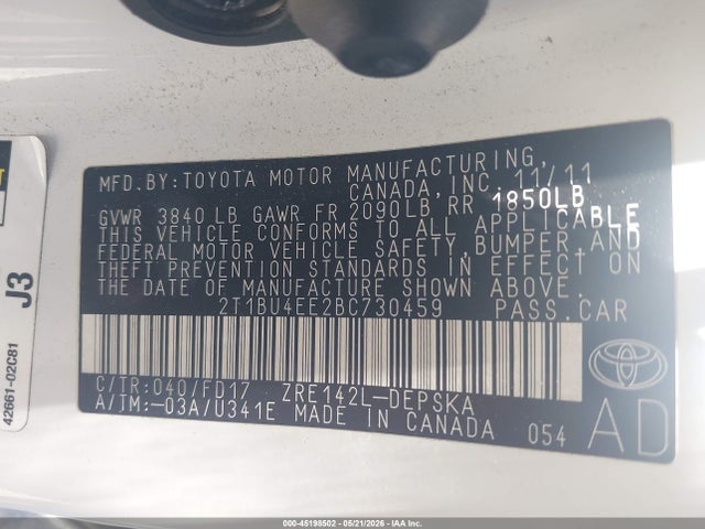 2011 Toyota Corolla S მანქანა იყიდება აუქციონზე, vin: 2T1BU4EE2BC730459, აუქციონის ნომერი: 45198502